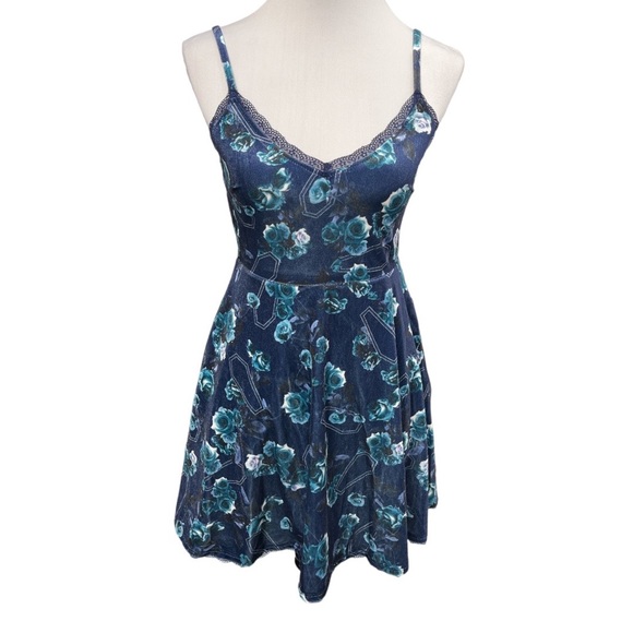 Hot Topic Dresses & Skirts - Hot Topic Roses and Coffins Velvet Skater Slip Dress Blue Size XSmall